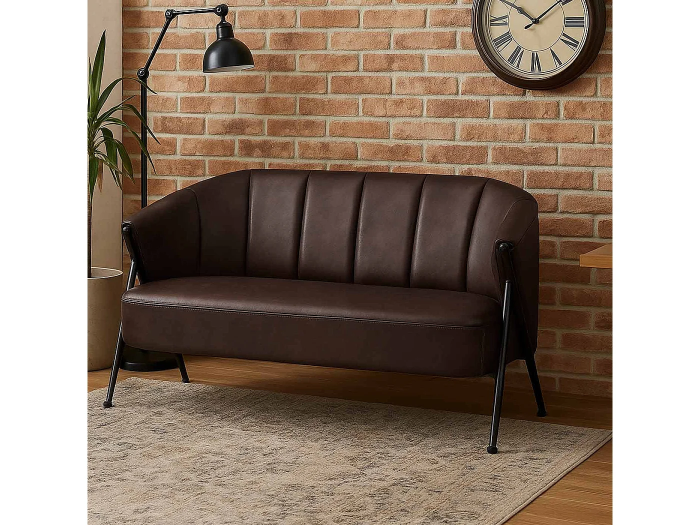 Divano a 2 posti MCW-P30, sofà elegante imbottito/lounge Couch Vintage Retro Industrial Metallo ecopelle ~ marrone scuro