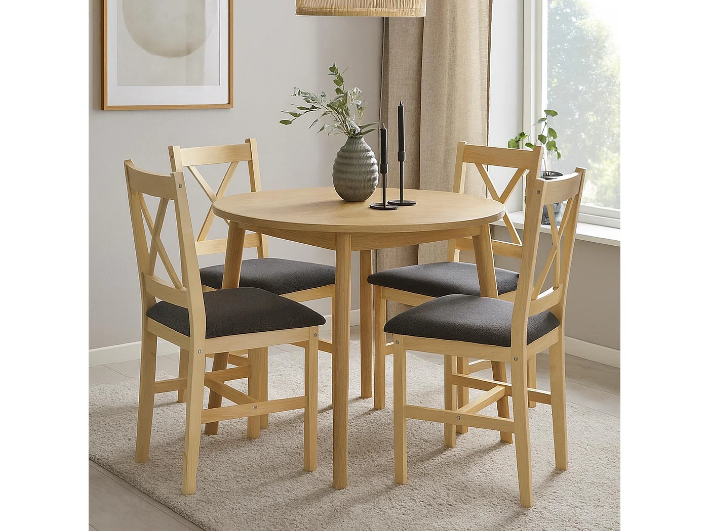 Eetkamerstoel MCW-F77 (set van 4),  naturel, bekleding grijs