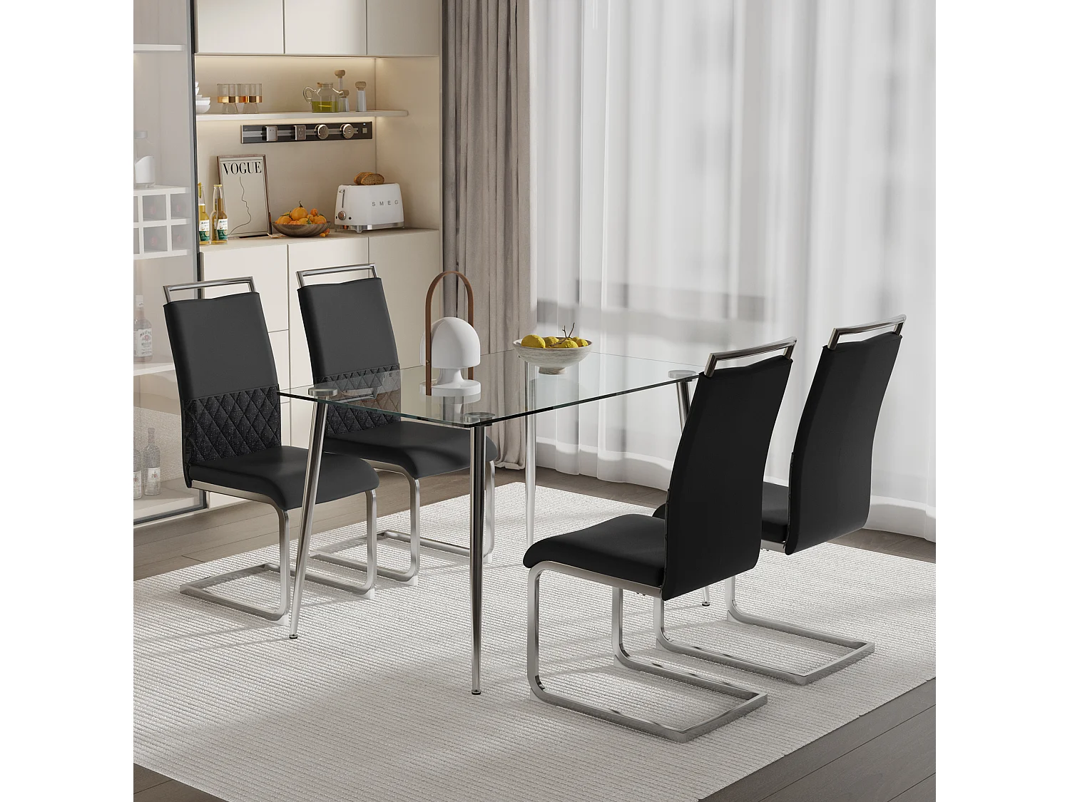 Lot de 4 chaises 42x45x95 cm avec Rembourrée Quatre repose-pieds en noir pour Salon et salle à manger et bureau