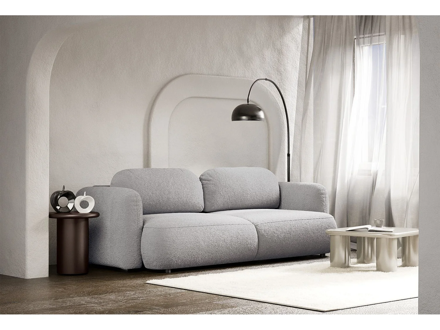 Canapé convertible 3 places en tissu bouclette gris clair TVOYA