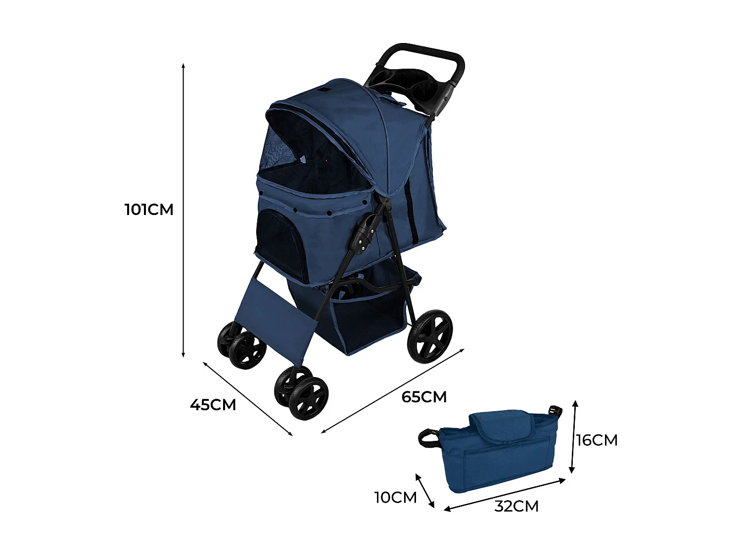 Poussette pour Animal de Compagnie et Sac Caddy – Bleu
