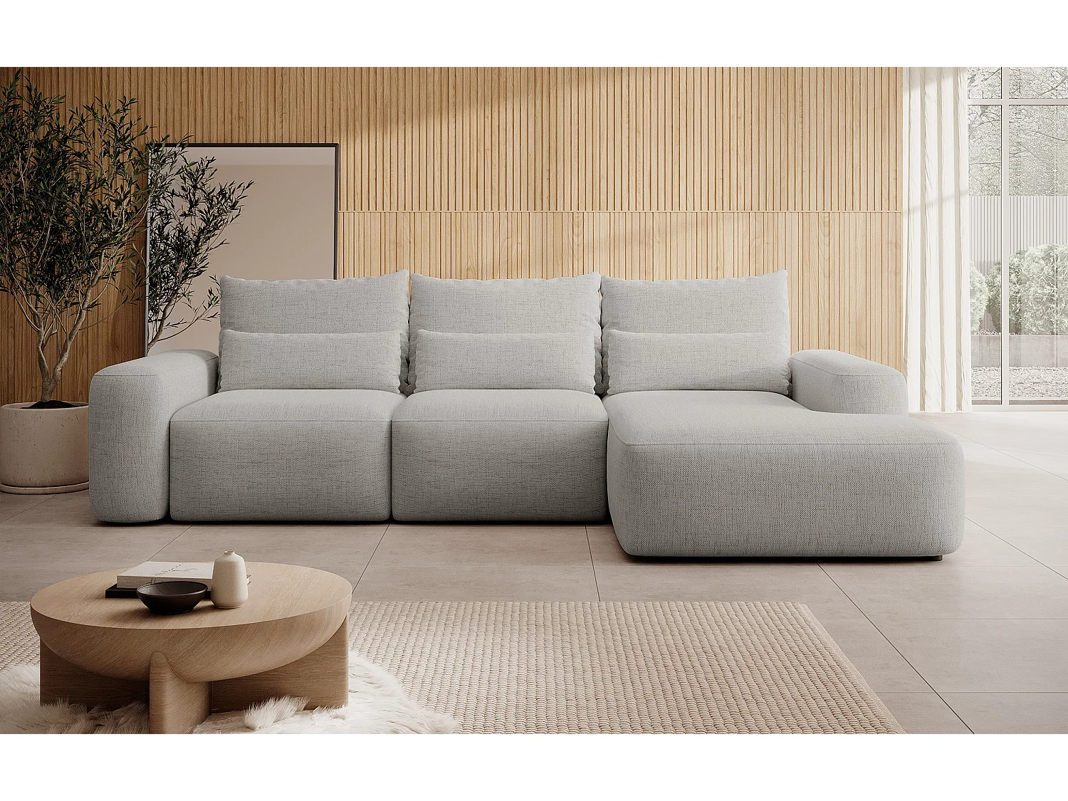 Canapé d’angle en chenille hydrofuge – convertible avec coffre de rangement – gris – angle droit – CARNOS