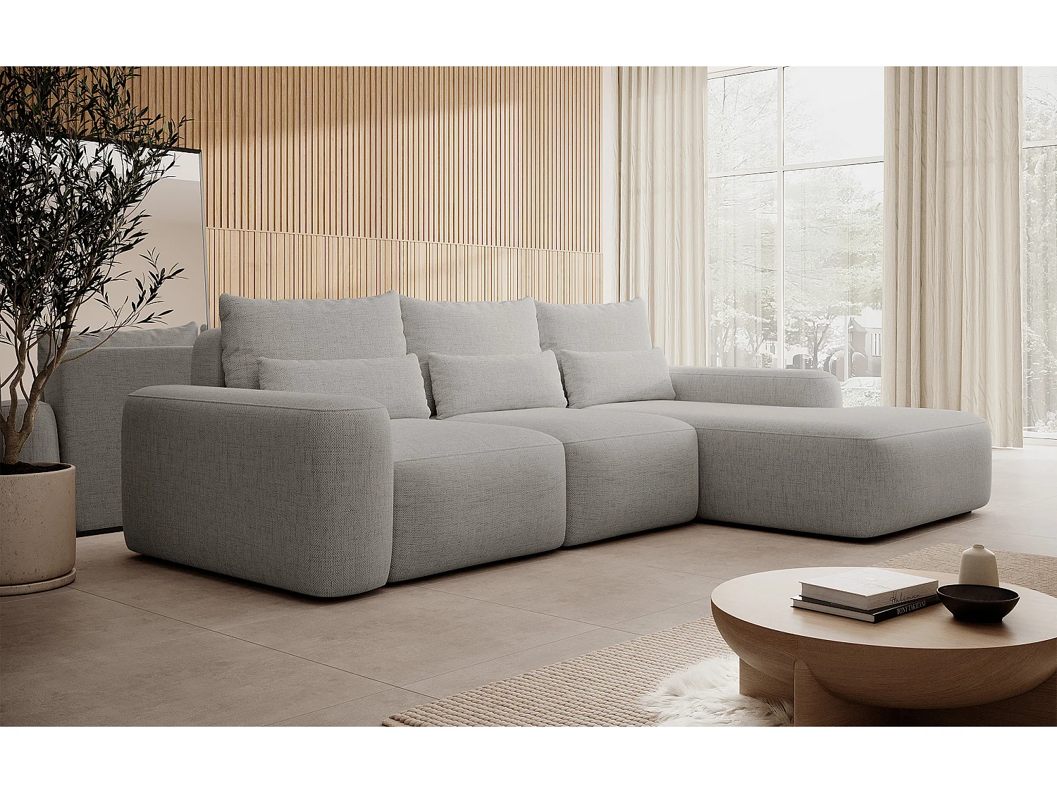 Canapé d’angle en chenille hydrofuge – convertible avec coffre de rangement – gris – angle droit – CARNOS