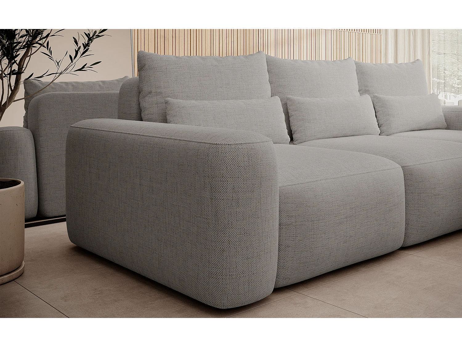 Canapé d’angle en chenille hydrofuge – convertible avec coffre de rangement – gris – angle droit – CARNOS