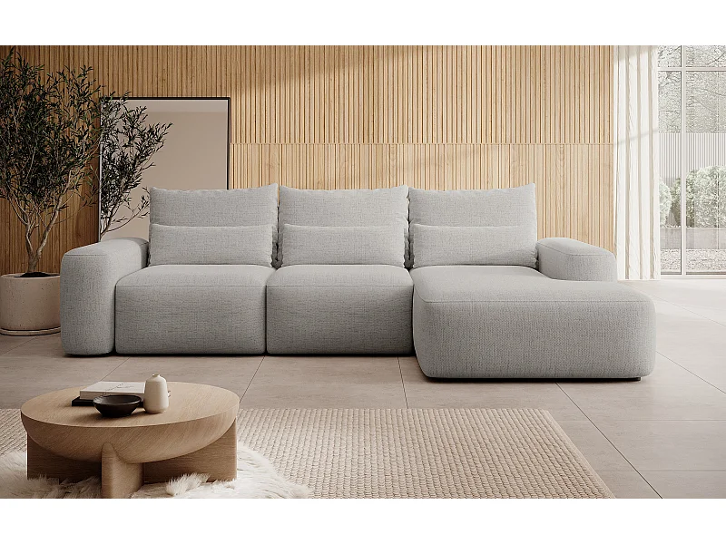 Canapé d’angle en chenille hydrofuge – convertible avec coffre de rangement – gris – angle droit – CARNOS