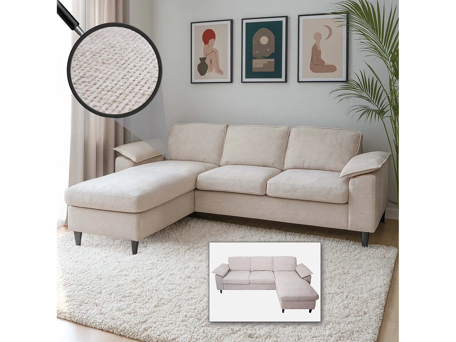 Divano con penisola MCW-O71, divano angolare L, tessuto (320 g/m²) legno 84x229x140cm ~ beige