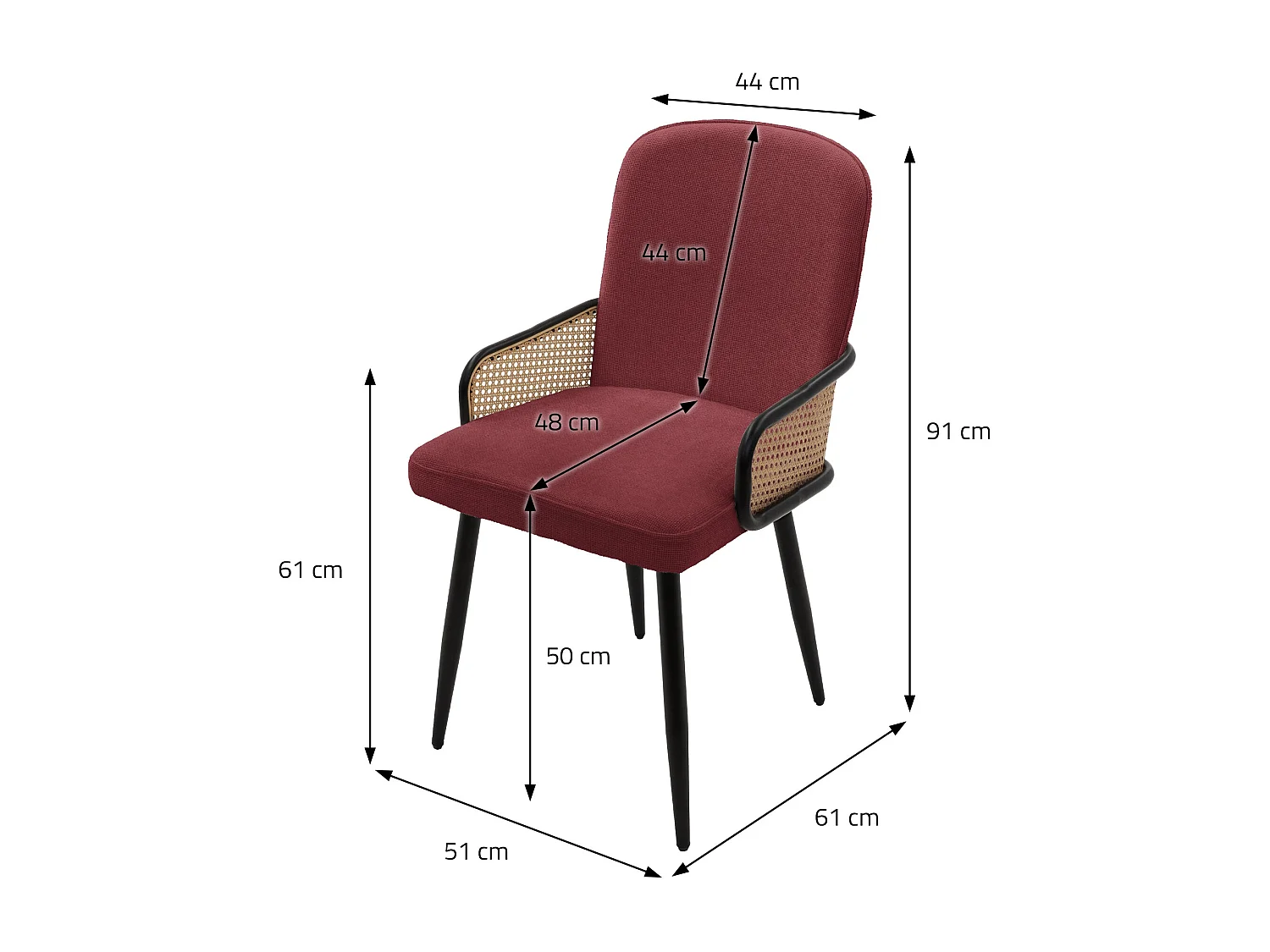 ML-Design Set di 2 sedie imbottite da pranzo rosso, in tessuto, con braccioli effetto rattan, sedia da cucina, poltroncina ergonomica da soggiorno