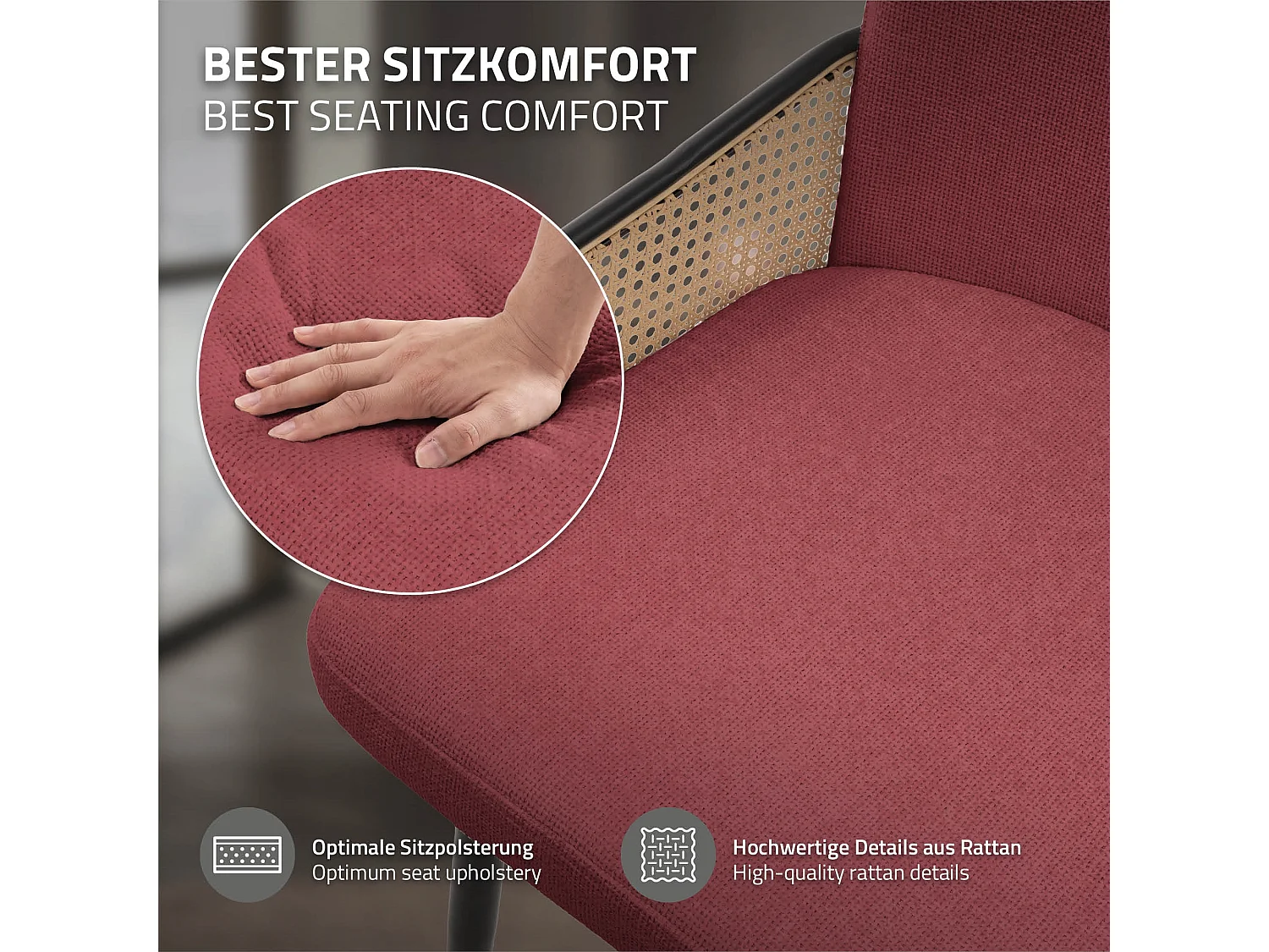 Lot de 2 chaises de salle à manger en tissu rouge avec accoudoirs en rotin pieds en métal noir assise rembourrée confortable fauteuils ergonomiques