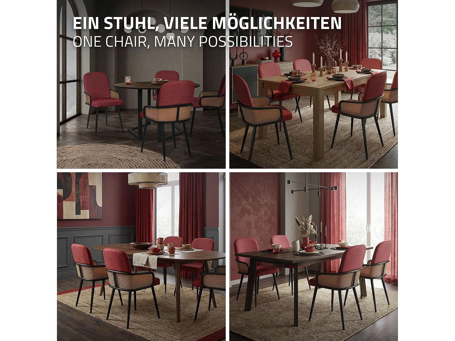 Lot de 2 chaises de salle à manger en tissu rouge avec accoudoirs en rotin pieds en métal noir assise rembourrée confortable fauteuils ergonomiques