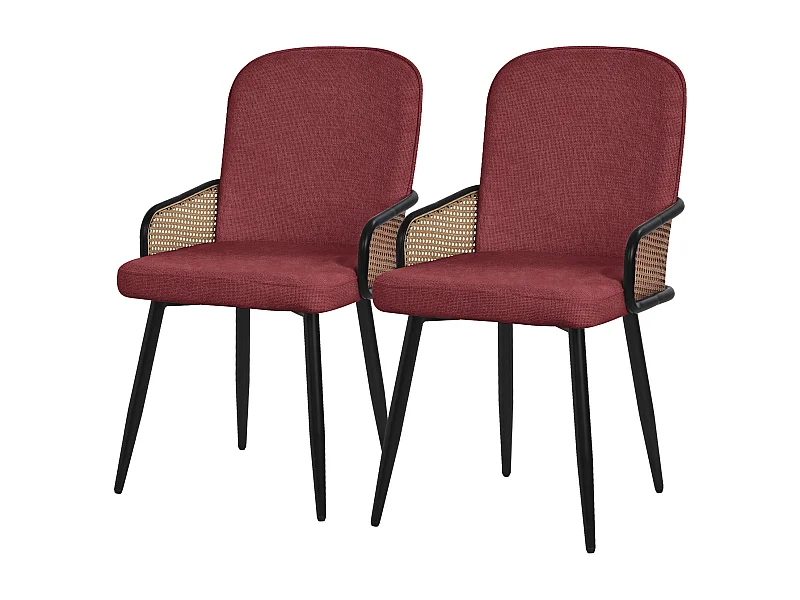ML-Design Set di 2 sedie imbottite da pranzo rosso, in tessuto, con braccioli effetto rattan, sedia da cucina, poltroncina ergonomica da soggiorno