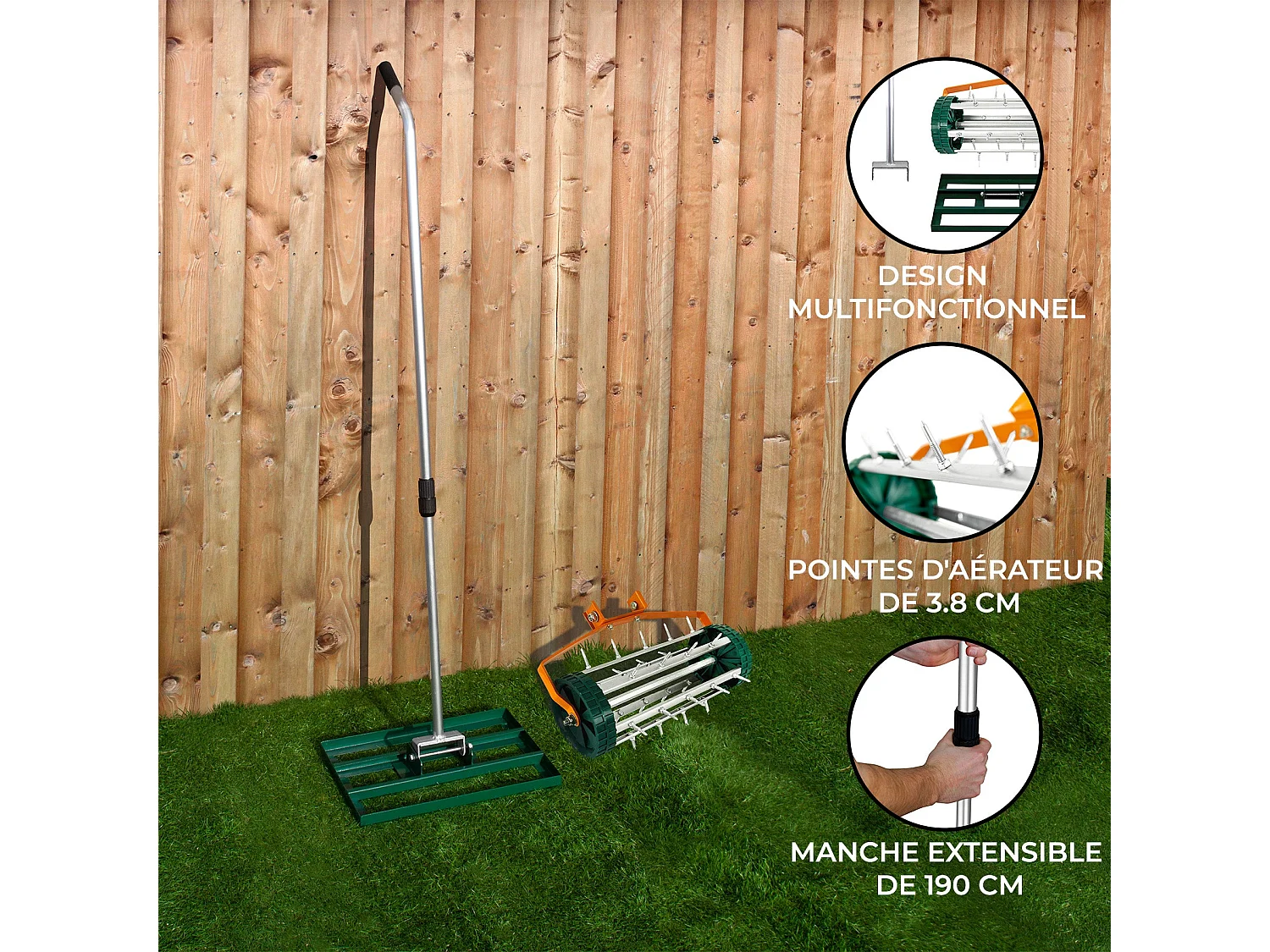 Ensemble 2-en-1 Scarificateur et Niveleur de Pelouse de 50 cm - Vert