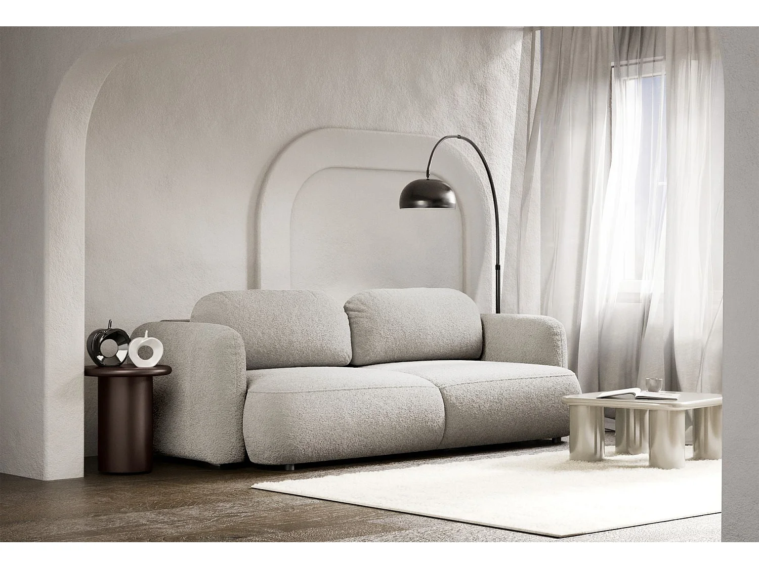 Canapé convertible 3 places en tissu bouclette beige TVOYA