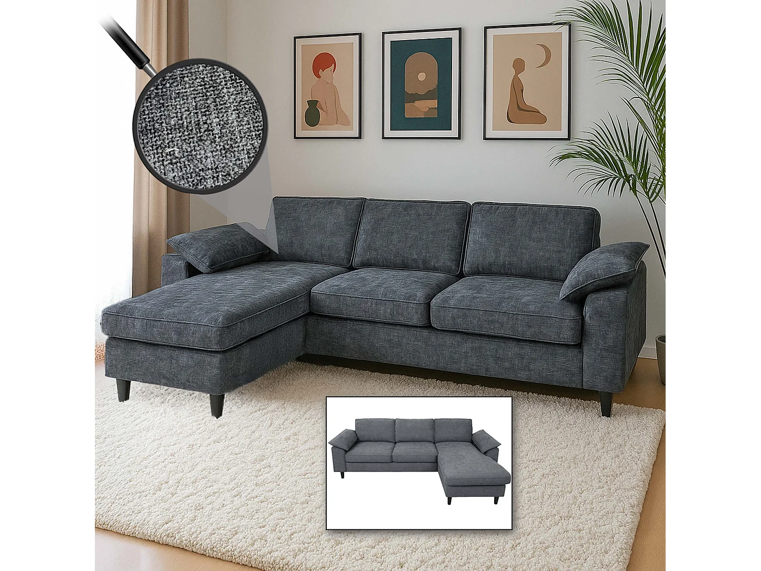 Divano con penisola MCW-O71, divano angolare L, tessuto (320 g/m²) legno 84x229x140cm ~ grigio scuro