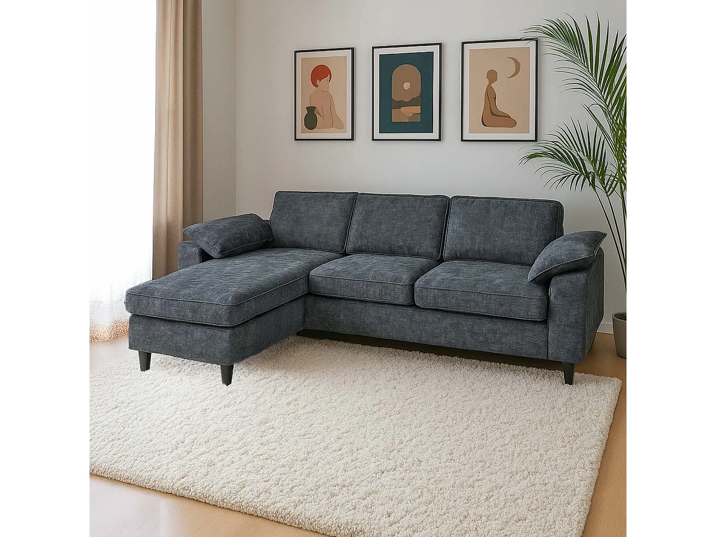 Divano con penisola MCW-O71, divano angolare L, tessuto (320 g/m²) legno 84x229x140cm ~ grigio scuro