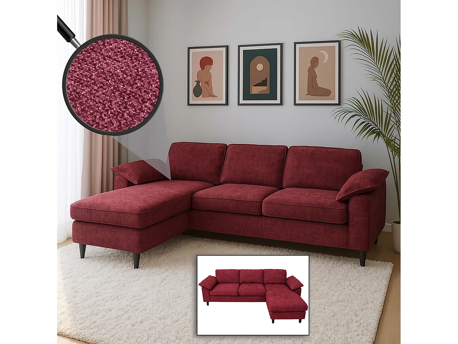 Divano con penisola MCW-O71, divano angolare L, tessuto (320 g/m²) legno 84x229x140cm ~ bordeaux