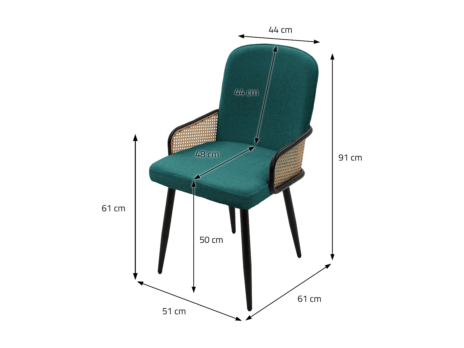 ML-Design Set 4 sedie imbottite da pranzo verde petrolio, in tessuto, con braccioli effetto rattan, sedia da cucina, sedia ergonomica da soggiorno