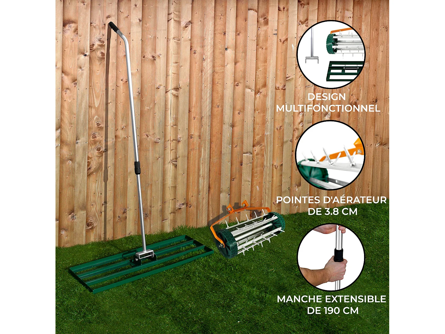 Ensemble 2-en-1 Scarificateur et Niveleur de Pelouse de 100 cm - Vert