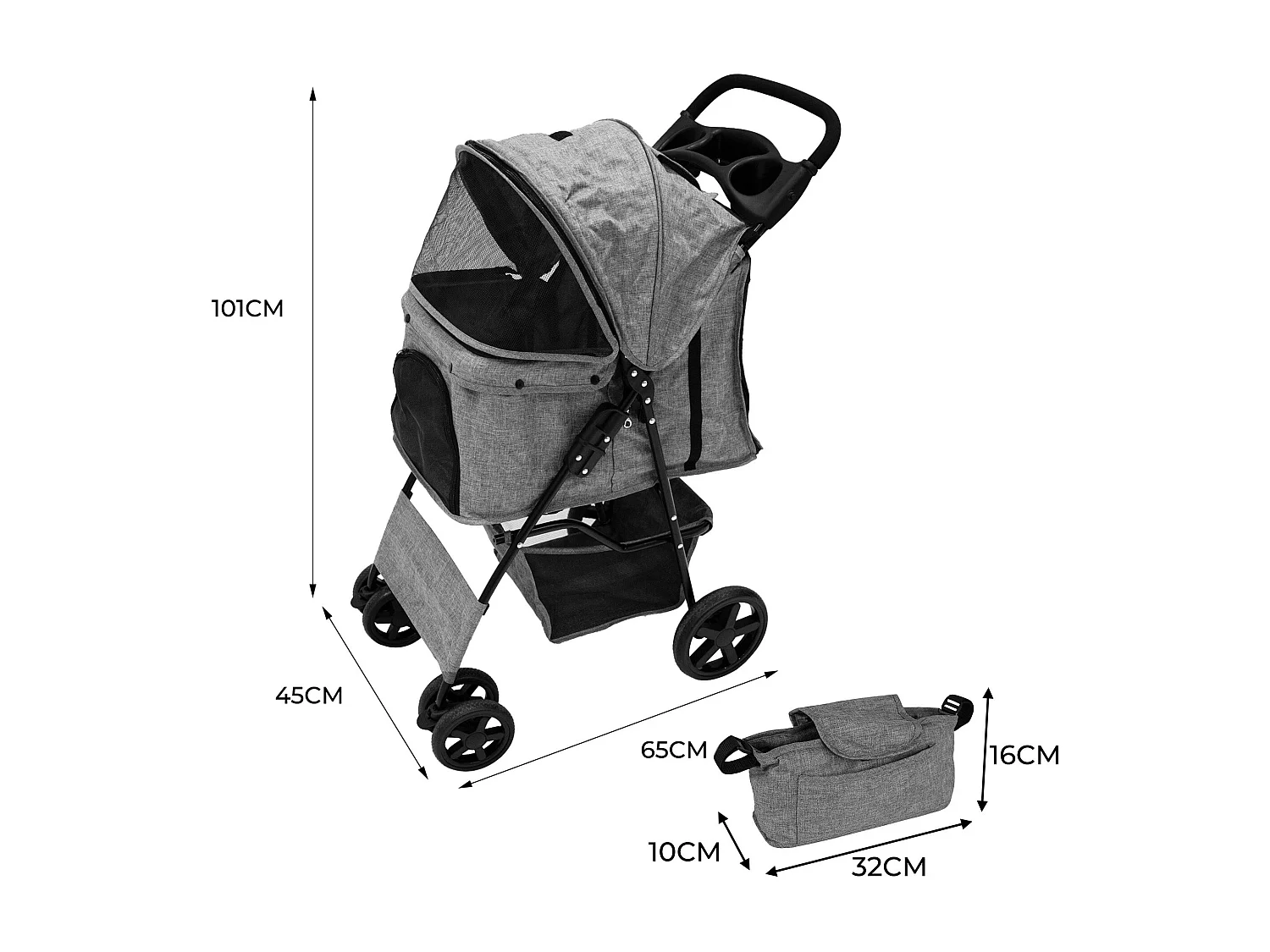 Poussette pour Animal de Compagnie et Sac Caddy – Gris tissé