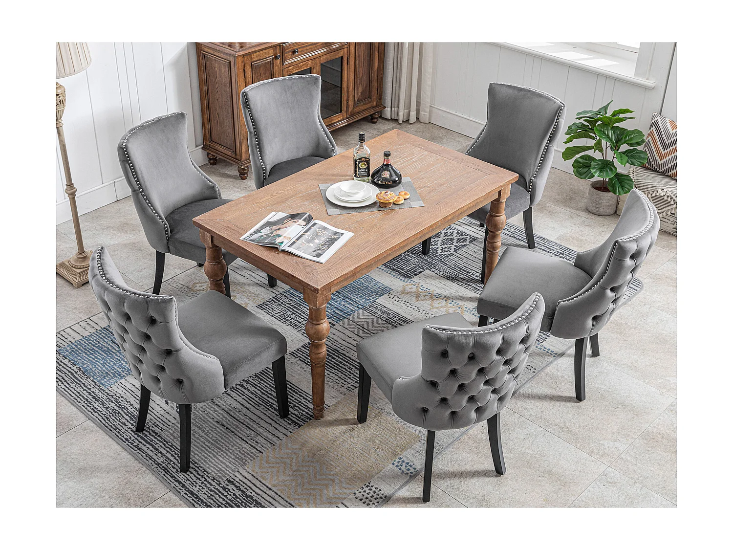 Lot de 6 chaises 50x52x91 cm avec Tissu capitonné et structure en bois massif Matériau Velours en gris pour Salon et salle à manger