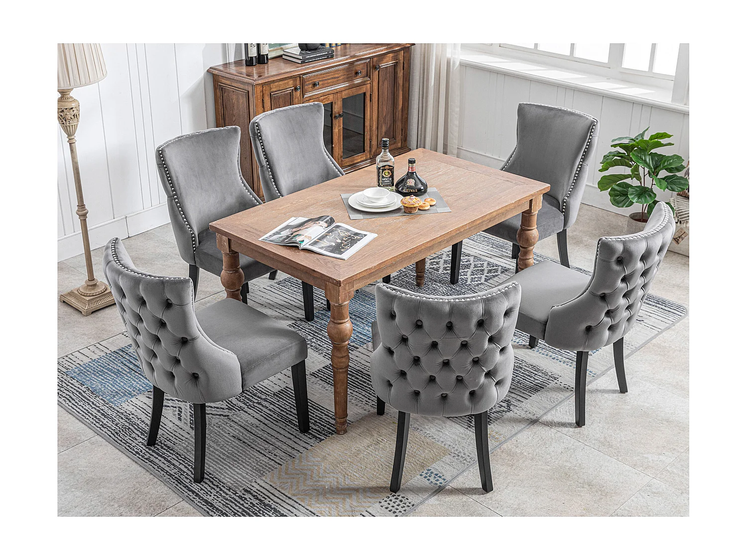 Lot de 6 chaises de salle à manger, assise et dossier rembourrés, bouton capitonné, pieds en bois, velours gris