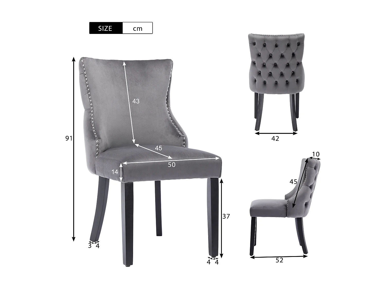 Lot de 6 chaises de salle à manger, assise et dossier rembourrés, bouton capitonné, pieds en bois, velours gris