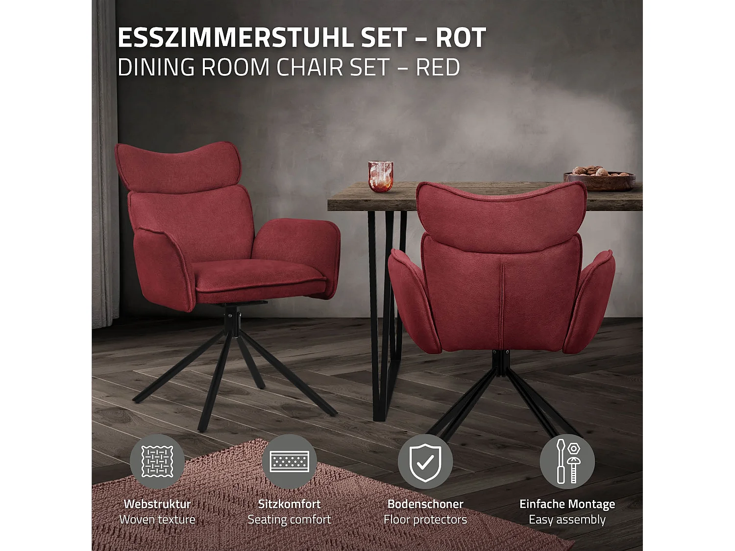 Lot de 4 chaises pivotantes en tissu rouge avec accoudoirs et dossier ergonomique fauteuils à rotation 360° pieds en métal noir sièges salle à manger