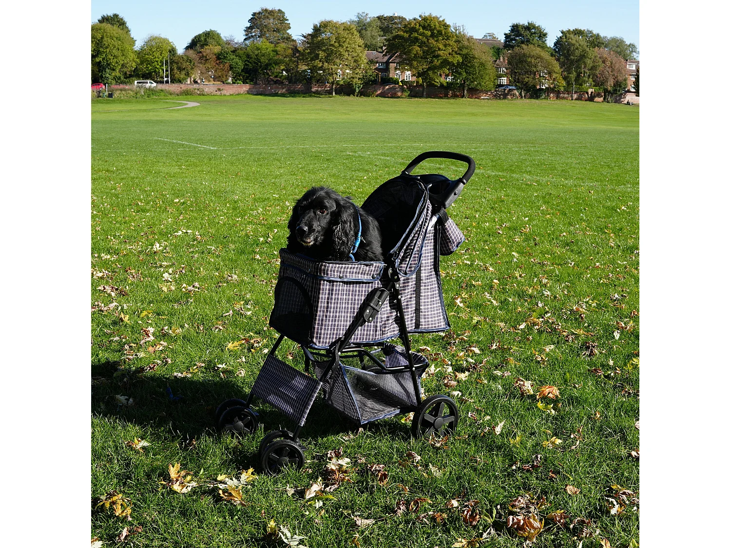 Wózek dla zwierząt z pokrowcem przeciwdeszczowym i torbą Caddy – niebieski tartan