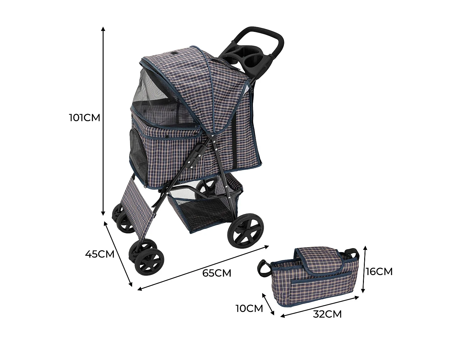 Wózek dla zwierząt z pokrowcem przeciwdeszczowym i torbą Caddy – niebieski tartan