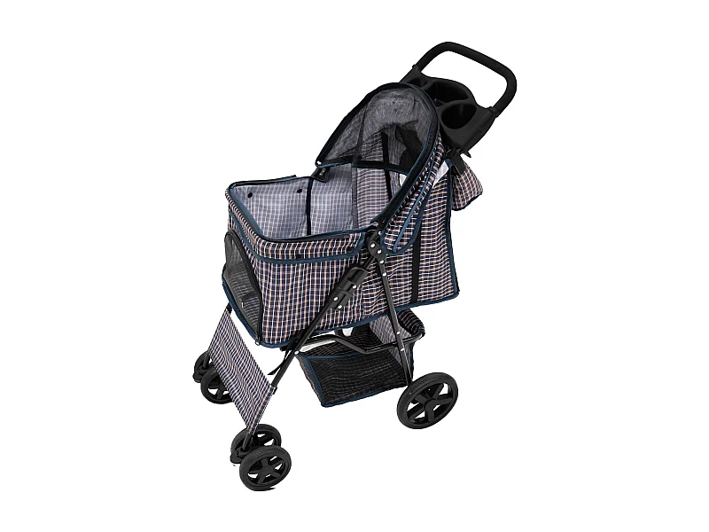 Wózek dla zwierząt z pokrowcem przeciwdeszczowym i torbą Caddy – niebieski tartan