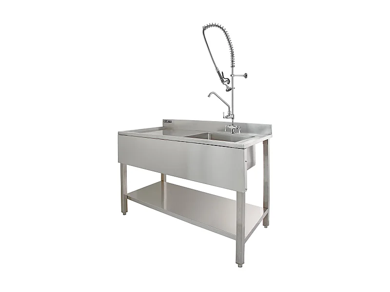 Zlewozmywak komercyjny KuKoo z kranem do płukania wstępnego – ociekacz po lewej stronie