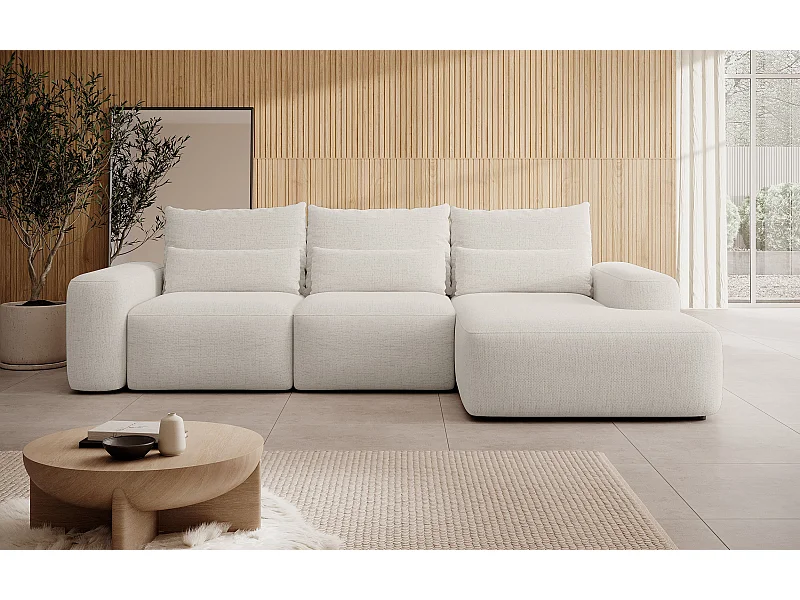 Canapé d’angle en chenille hydrofuge – convertible avec coffre de rangement – crème – angle droit – CARNOS