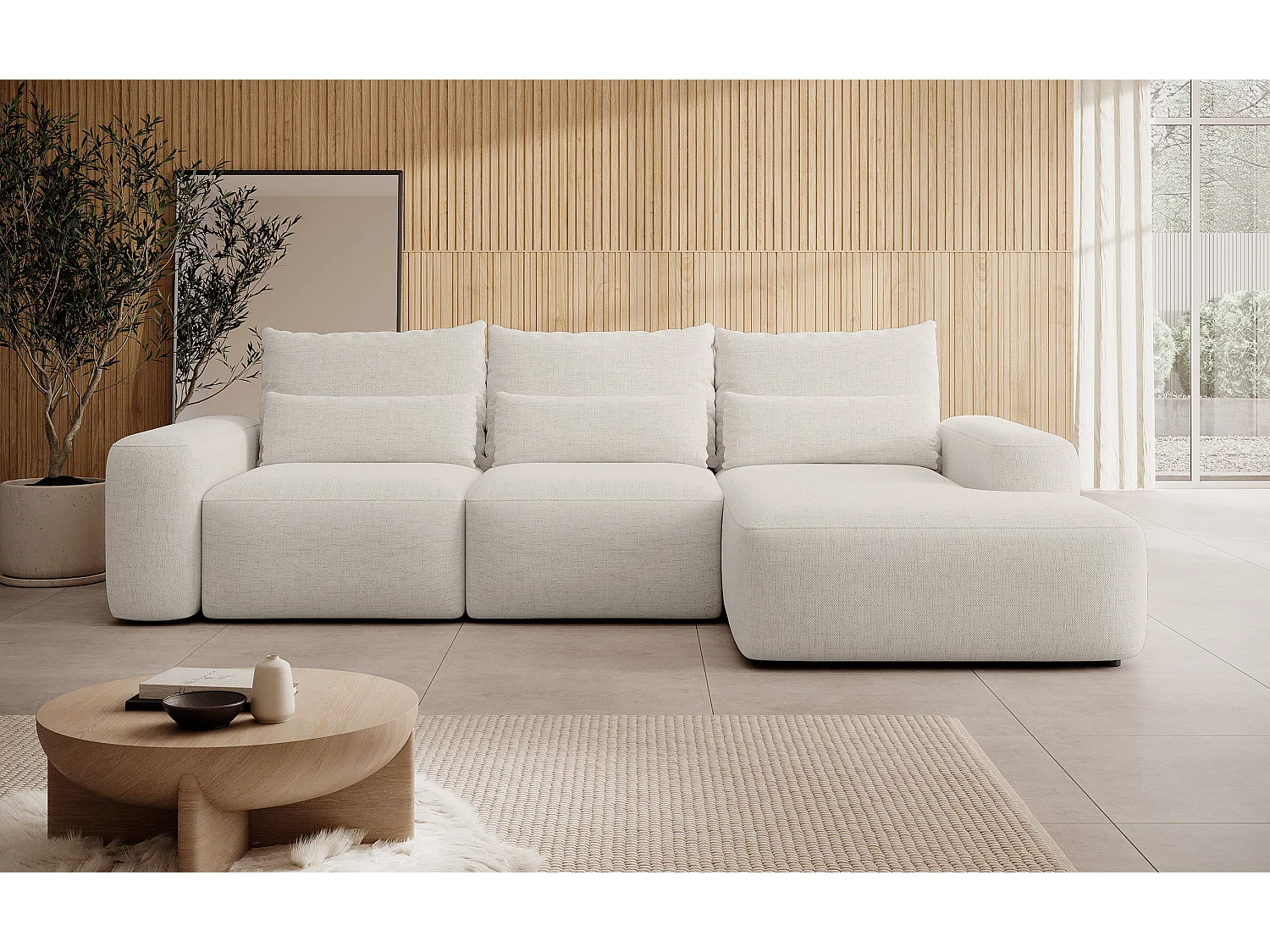 Canapé d’angle en chenille hydrofuge – convertible avec coffre de rangement – crème – angle droit – CARNOS