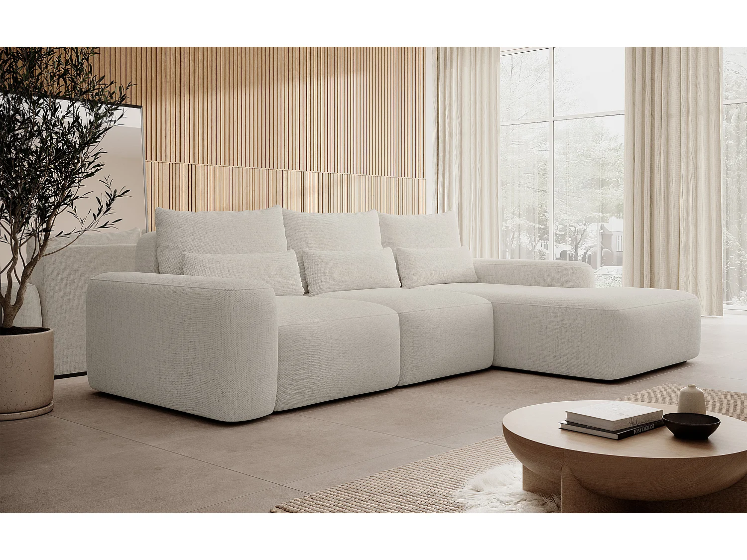 Canapé d’angle en chenille hydrofuge – convertible avec coffre de rangement – crème – angle droit – CARNOS