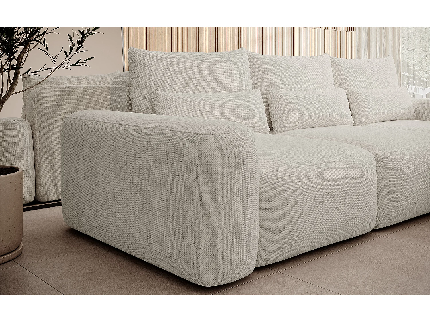 Canapé d’angle en chenille hydrofuge – convertible avec coffre de rangement – crème – angle droit – CARNOS