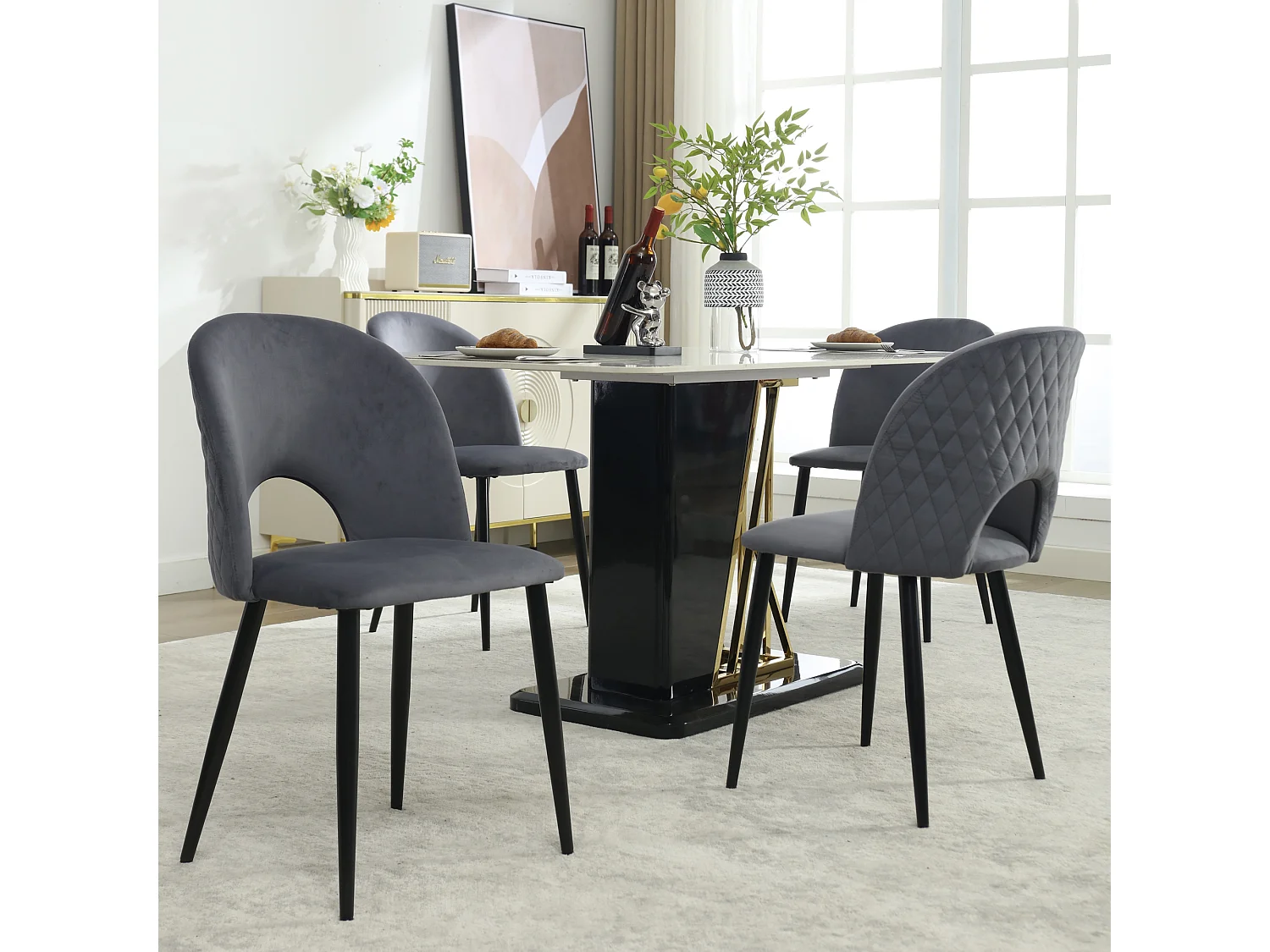 Lot de 4 chaises 47x44x84 cm avec Matière capitonnée Pieds de chaise réglables en gris pour Salon et salle à manger