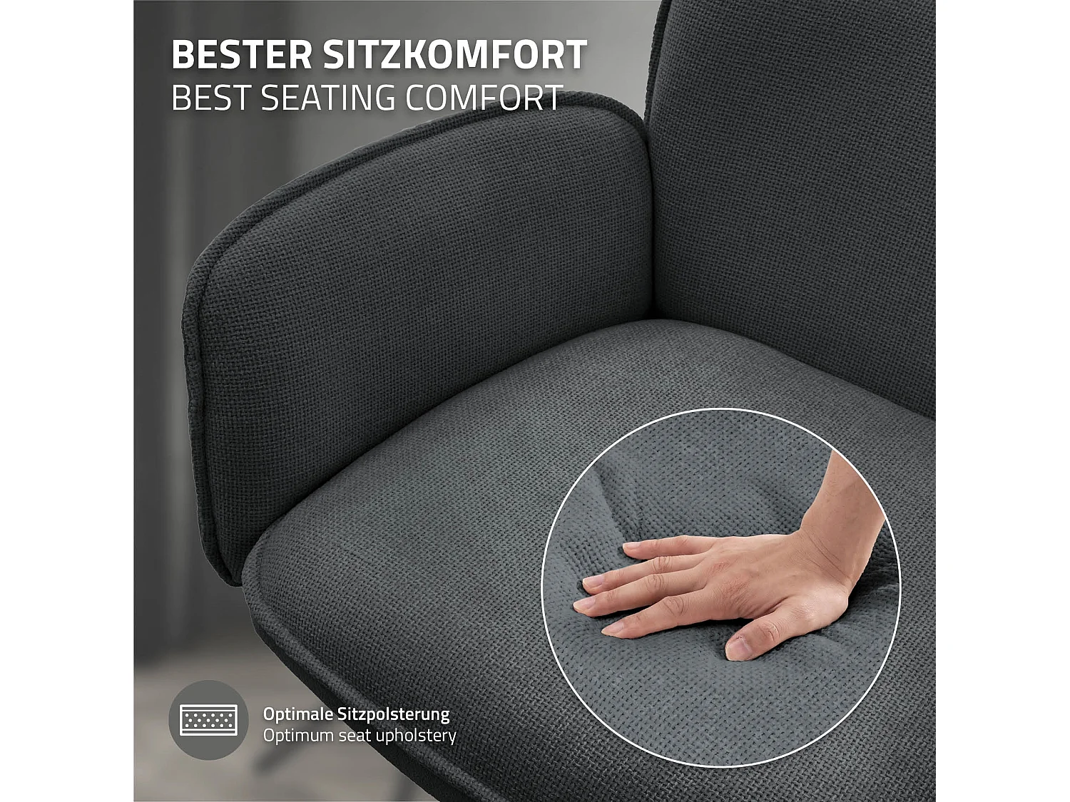 Lot de 6 chaises pivotantes en tissu anthracite avec accoudoirs et dossier ergonomique fauteuils à rotation pieds en métal noir sièges salle à manger
