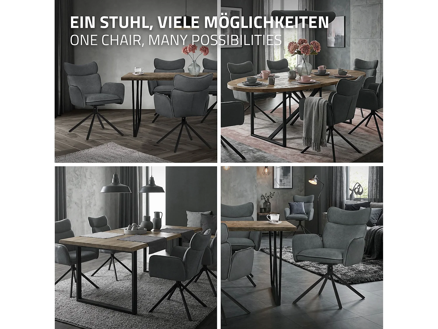 Lot de 6 chaises pivotantes en tissu anthracite avec accoudoirs et dossier ergonomique fauteuils à rotation pieds en métal noir sièges salle à manger
