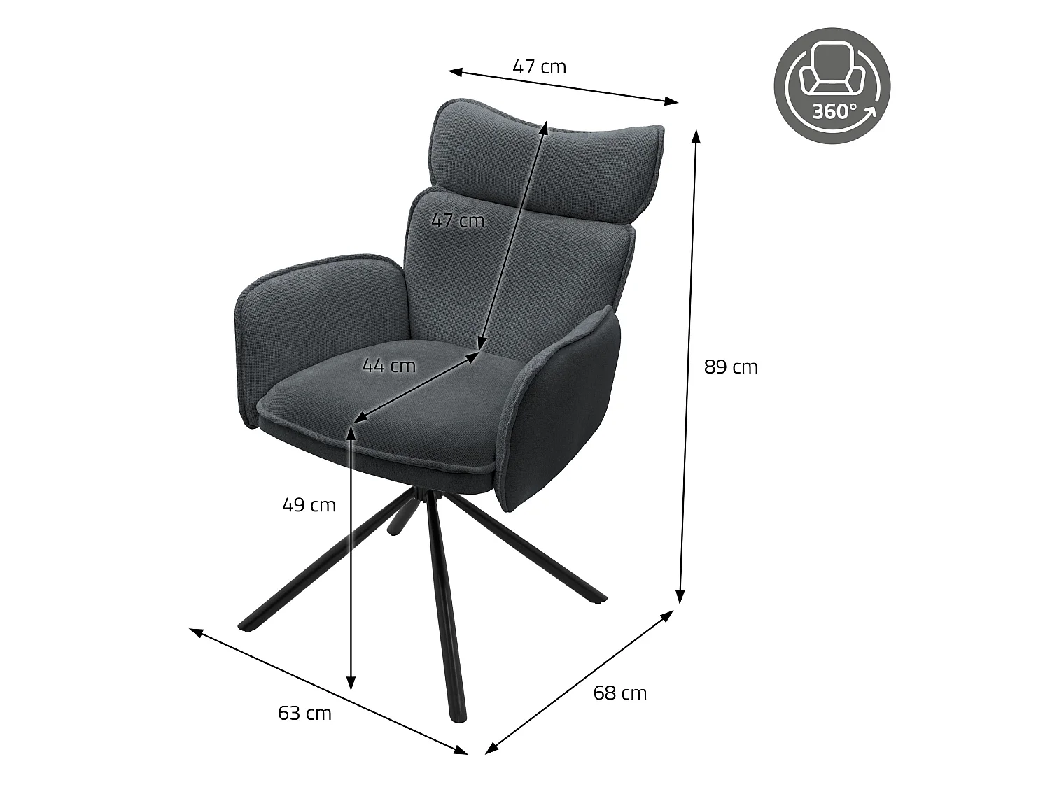 Lot de 6 chaises pivotantes en tissu anthracite avec accoudoirs et dossier ergonomique fauteuils à rotation pieds en métal noir sièges salle à manger