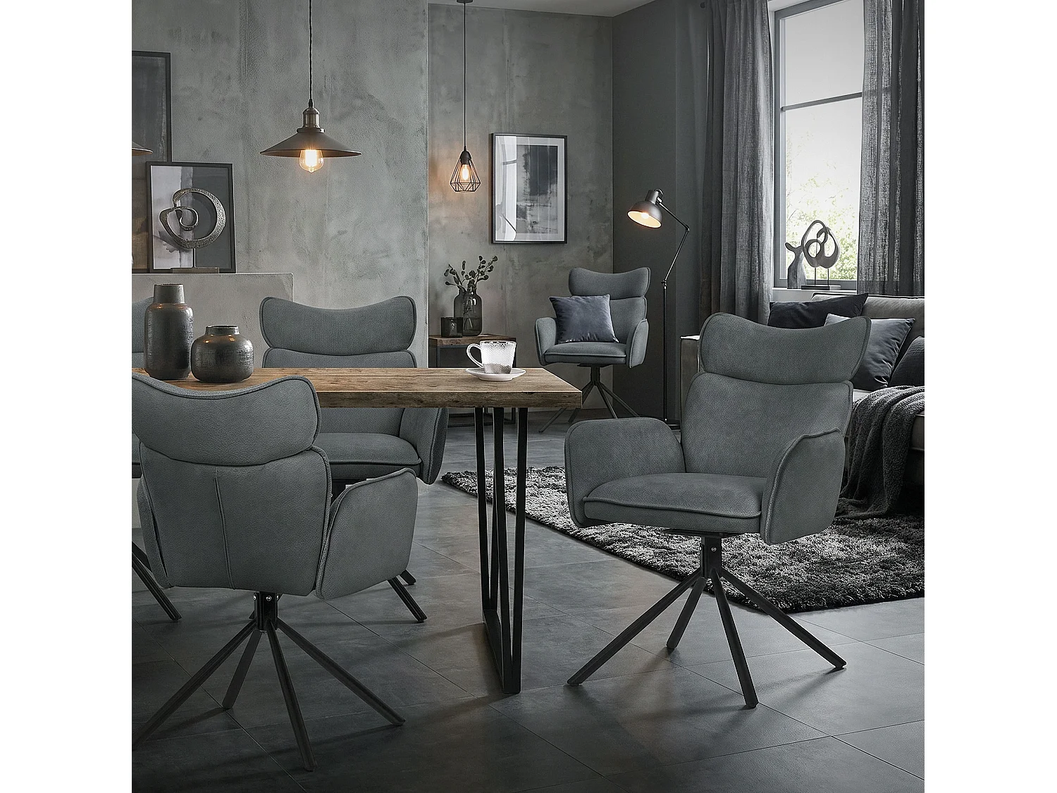 Lot de 6 chaises pivotantes en tissu anthracite avec accoudoirs et dossier ergonomique fauteuils à rotation pieds en métal noir sièges salle à manger