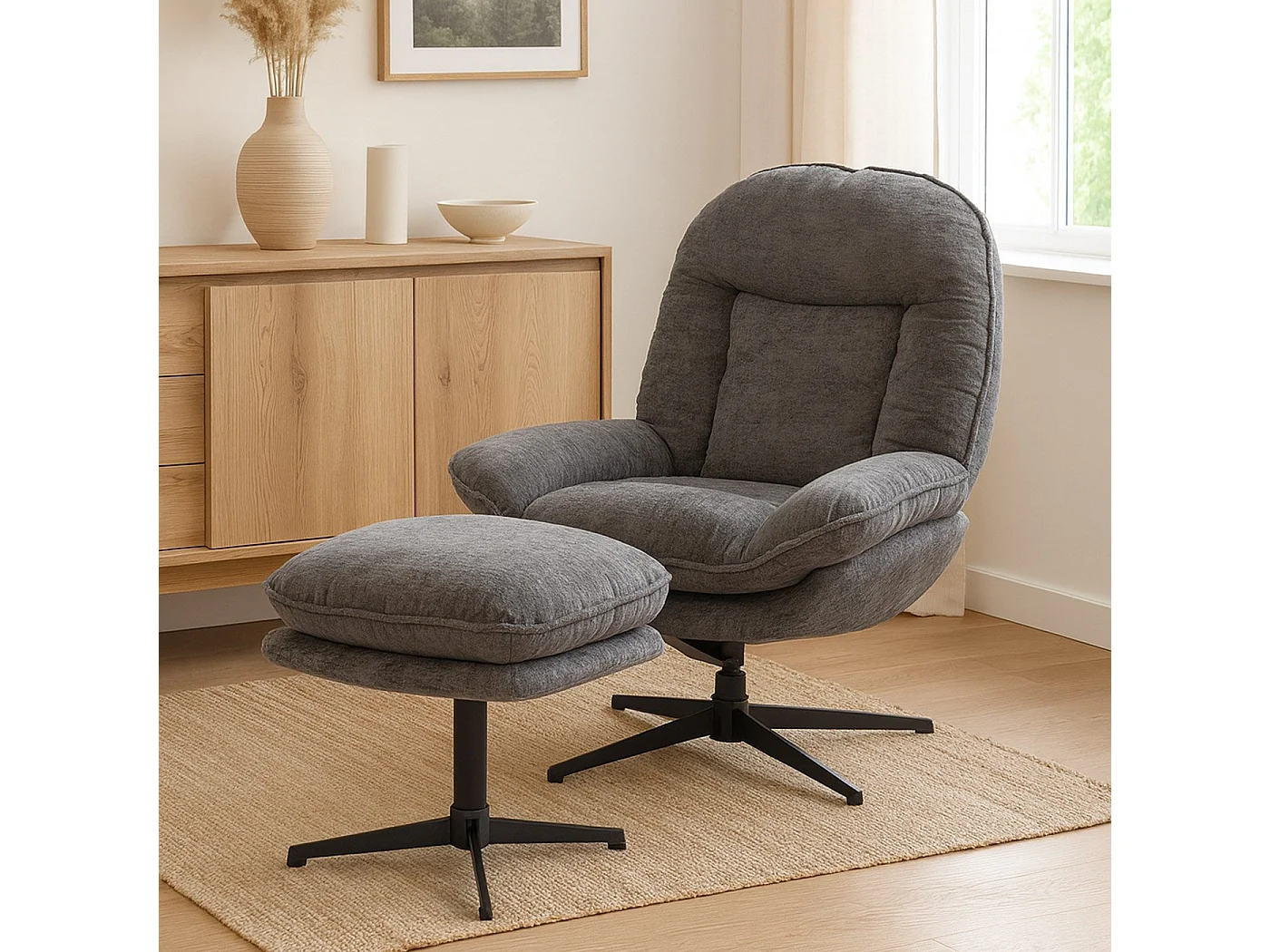 Poltrona relax con poggiapiedi MCW-P32, molle Nosag, girevole metallo stoffa/tessuto ciniglia (370 g/m²) ~ grigio