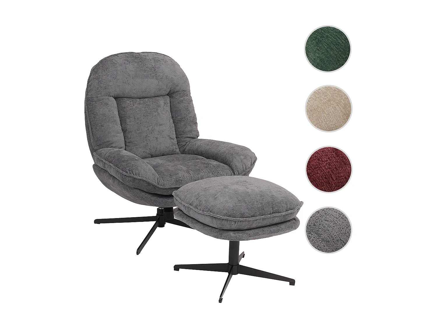 Poltrona relax con poggiapiedi MCW-P32, molle Nosag, girevole metallo stoffa/tessuto ciniglia (370 g/m²) ~ grigio