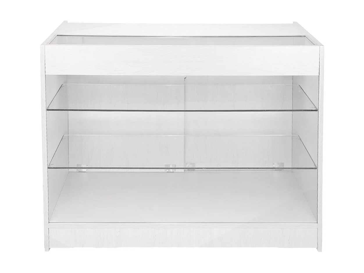 Expositor comercial K1200 em MDF branco com fechadura e prateleira de vidro