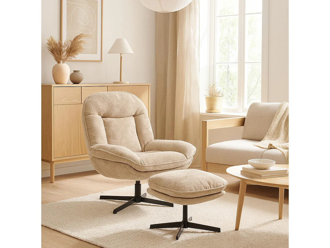 Poltrona relax con poggiapiedi MCW-P32, molle Nosag, girevole metallo stoffa/tessuto ciniglia (370 g/m²) ~ avorio