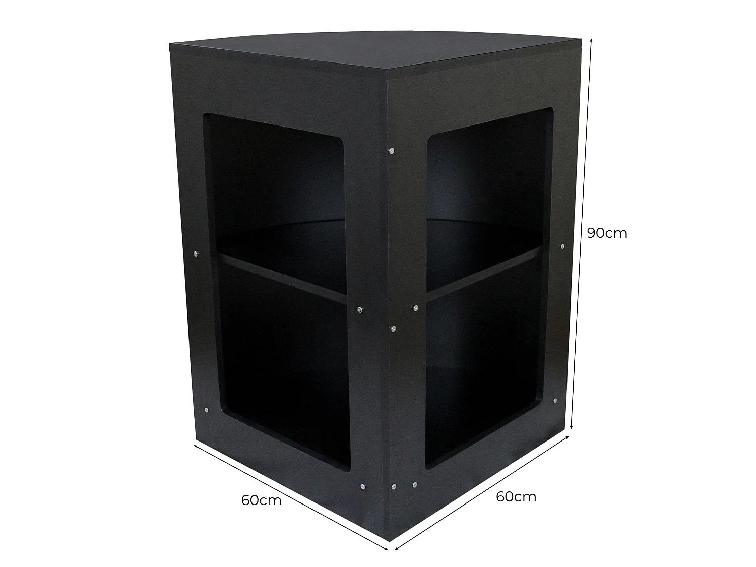 Balcão de canto curvo CM60 em MDF preto com prateleiras internas