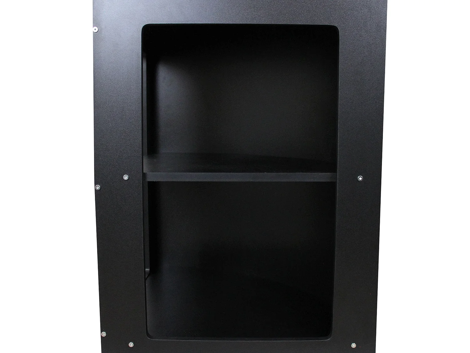 Balcão de canto curvo CM60 em MDF preto com prateleiras internas