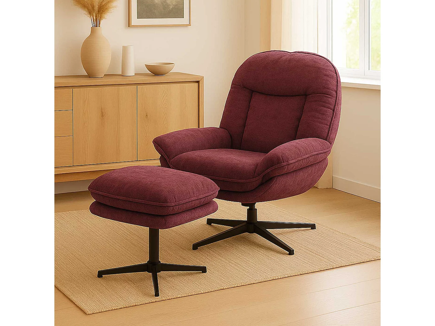 Poltrona relax con poggiapiedi MCW-P32, molle Nosag, girevole metallo stoffa/tessuto ciniglia (370 g/m²) ~ rosso lampone