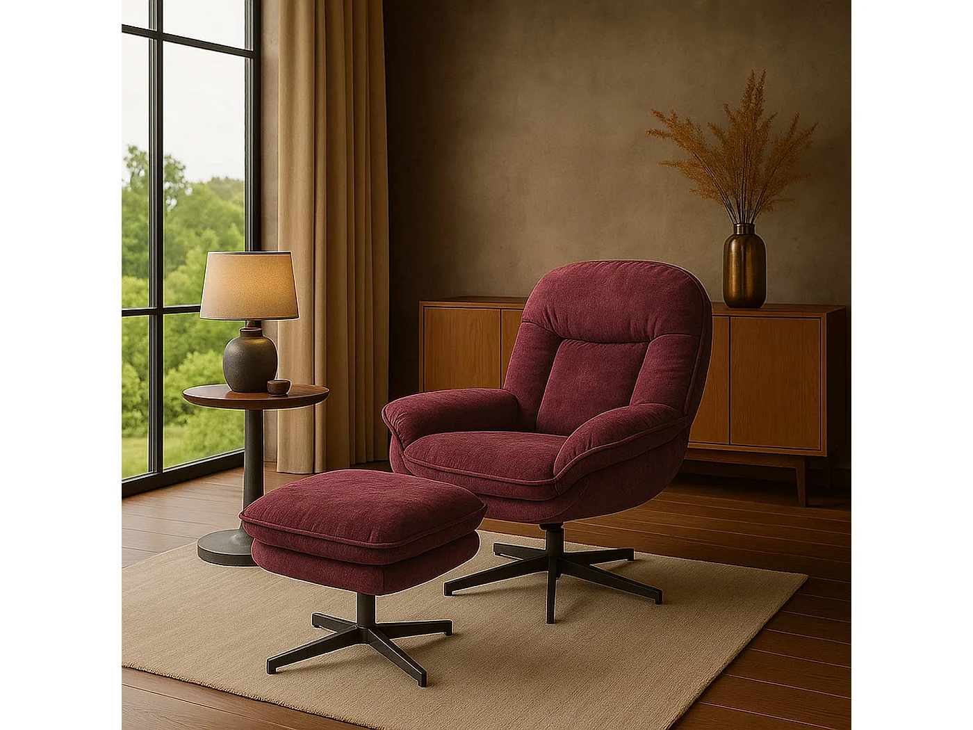 Poltrona relax TV MCW-P32, molle Nosag, girevole imbottita, metallo stoffa/tessuto ciniglia (370 g/m²) ~ rosso lampone