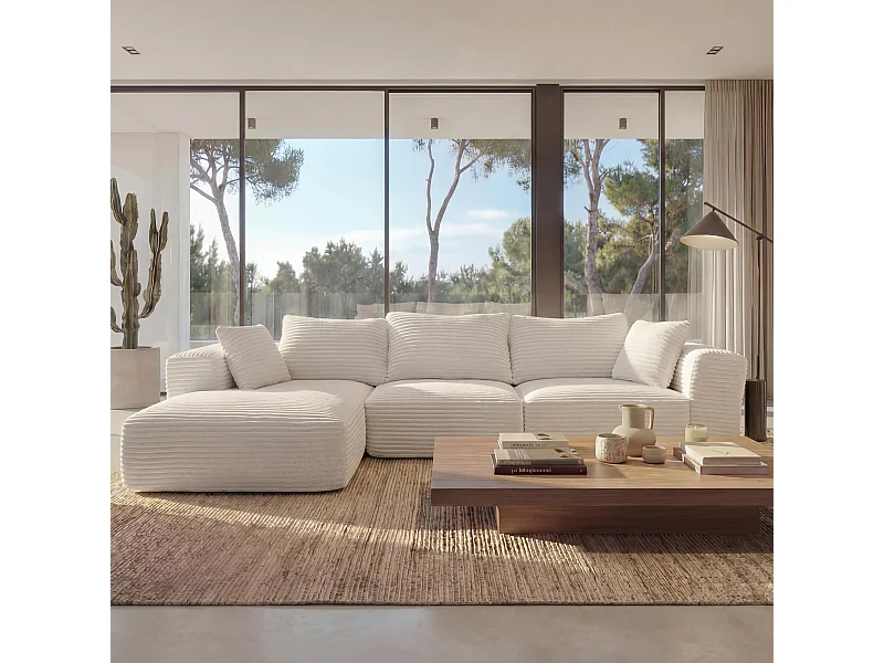 Set divani sofà MCW-P20, divano a 3 posti lounge, stoffa/tessuto a coste (370 g/m²) penisola a destra ~ bianco