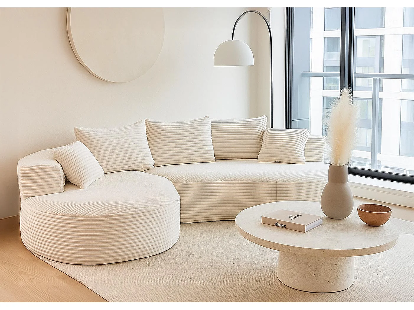 Set divani sofà MCW-P19, divano a 3 posti lounge, stoffa/tessuto a coste (370 g/m²) penisola a destra ~ bianco