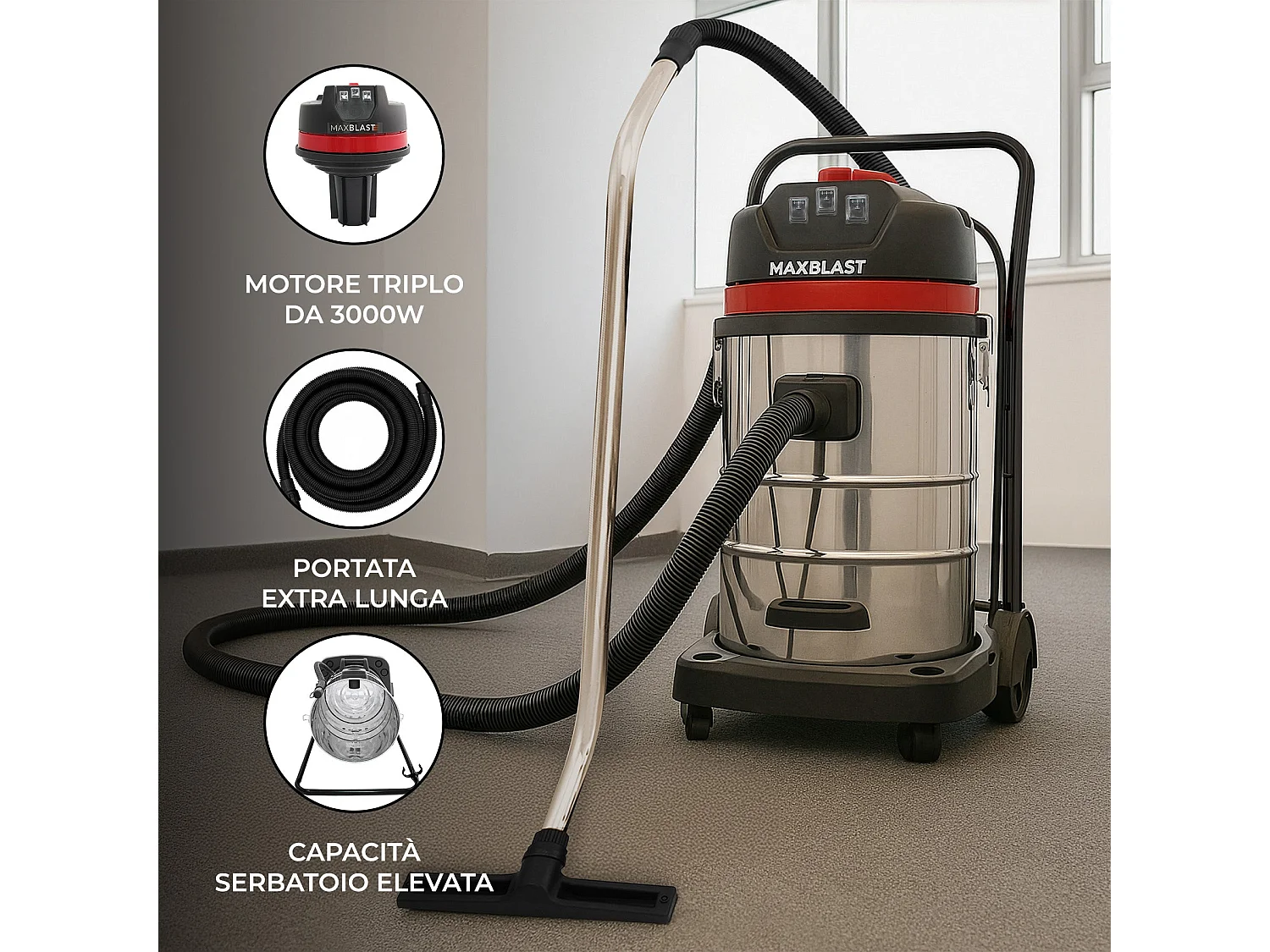 Aspirapolvere industriale 80L secco/umido con tubo 5 m e accessori